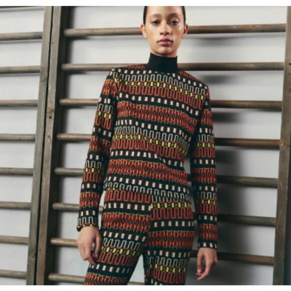 Zara Jacquard Geo Stripe Mock Neck Top Large Black Orange Retro 70s Long Sleeve - Picture 1 of 11